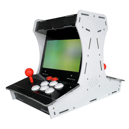 Double sided 2 Player Tabletop Arcade Cabinet featuring a white and black design, white and red buttons, and red joystick.