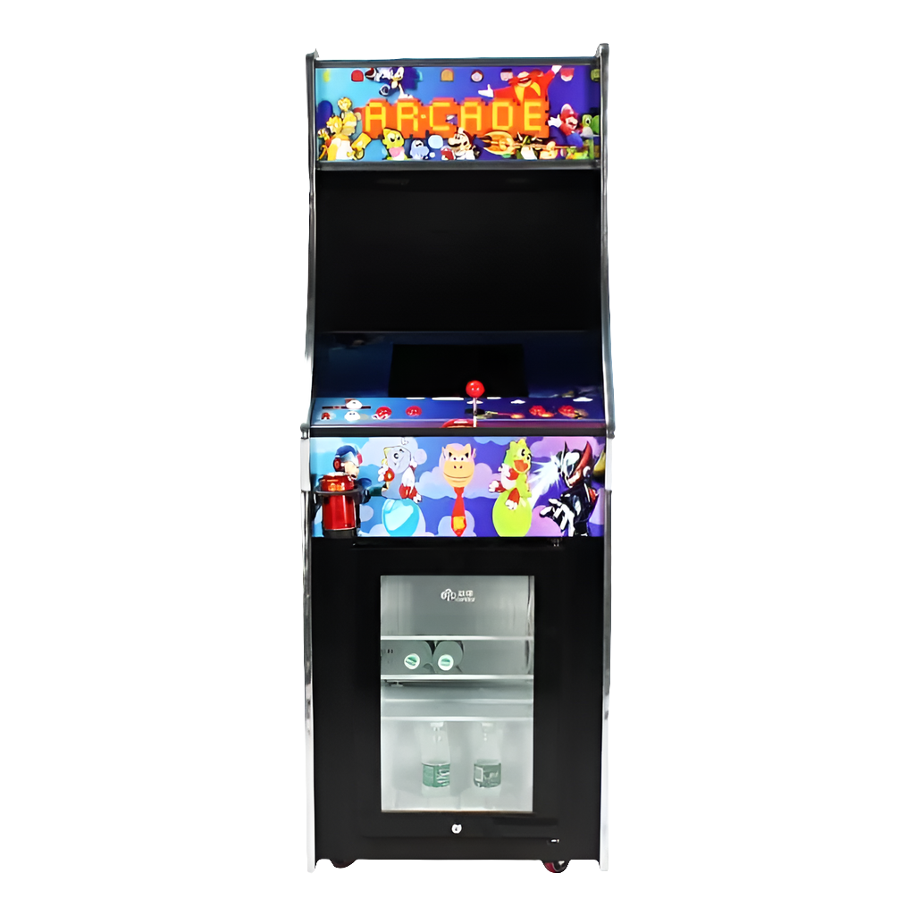 Front view of a One player Fridge Arcade Cabinet that features a fridge down below, a graphic comic design of popular arcade characters, custom text on the marquee that says arcade in yellow, one red joystick, and red buttons.