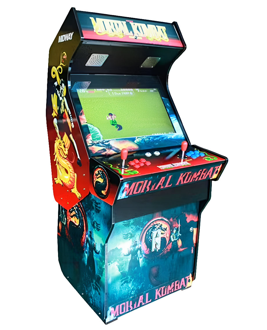 Side view of a 2 Player Arcade Cabinet featuring a mortal Kombat design, dragon artwork on the side, the text "Mortal Kombat" in yellow on the marquee, 2 red joysticks, blue buttons, and red buttons.