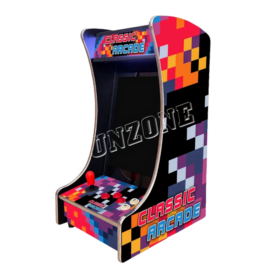 One Player Pixel Tabletop Arcade Cabinet that features a multicolor pixel design, red joystick, 2 white buttons and red buttons. The marquee and side of the arcade cabinet says Classic Arcade in orange and blue text.