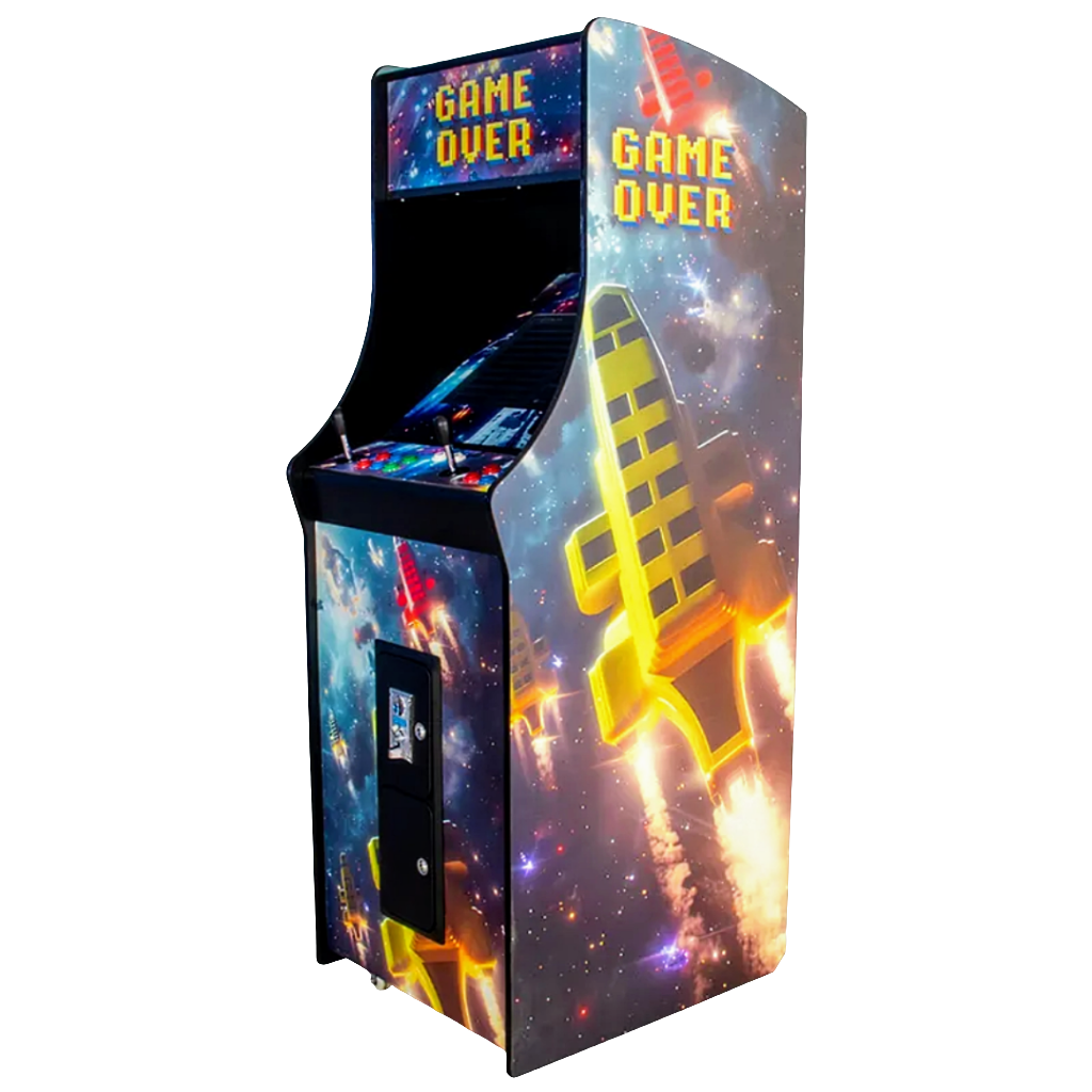 2 player arcade cabinet that features a retro arcade design, rocket ship blasting off on the side of the cabinet, and game over text on the marquee and side of the arcade cabinet. The cabinet has two black joysticks, blue and red buttons, and coin a slot