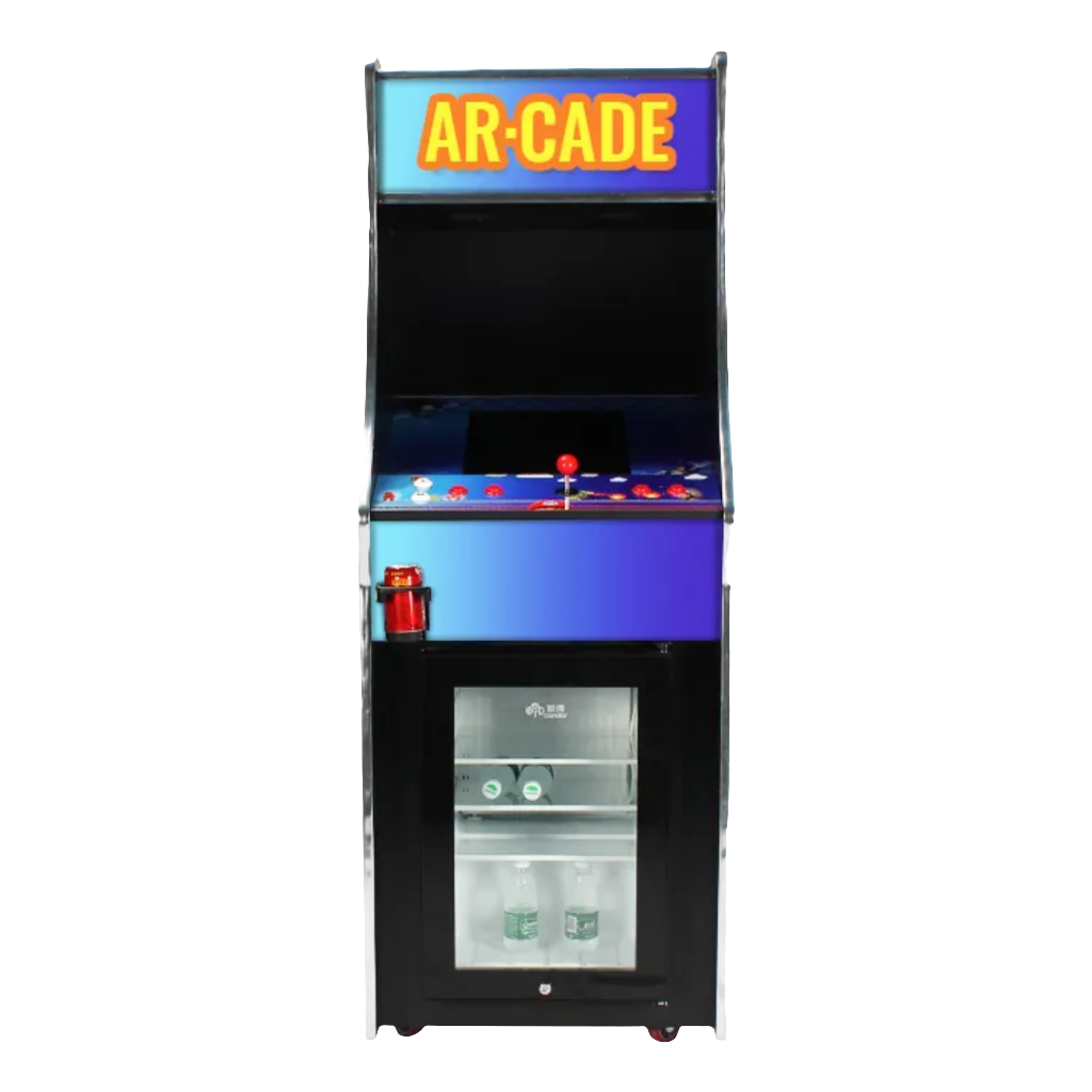 Front view of a 2 Player Fridge Arcade Cabinet featuring a blue design, cupholder, roomy fridge, red joystick, red buttons, white buttons, and a custom marquee that says "AR-CADE" 