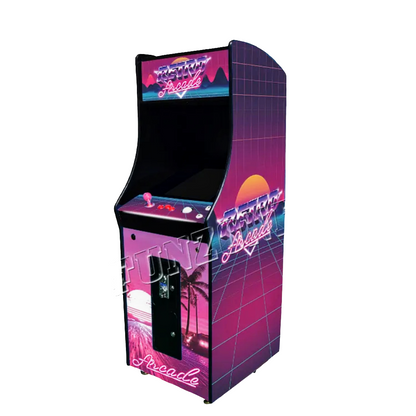 Single Player Custom Arcade Cabinet featuring a beautiful paradise sunset and palm tree design. The Marquee features text saying Retro Arcade.