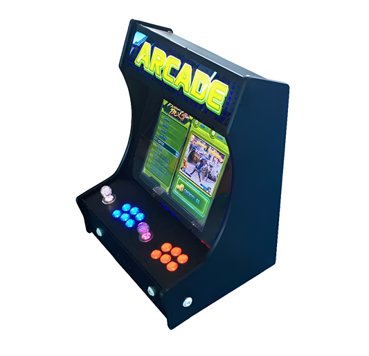 Bartop 2 Player Arcade Cabinet featuring a navy blue color, marquee that says "Arcade" in yellow text, one off white joystick, one blue joystick, red buttons, and blue buttons