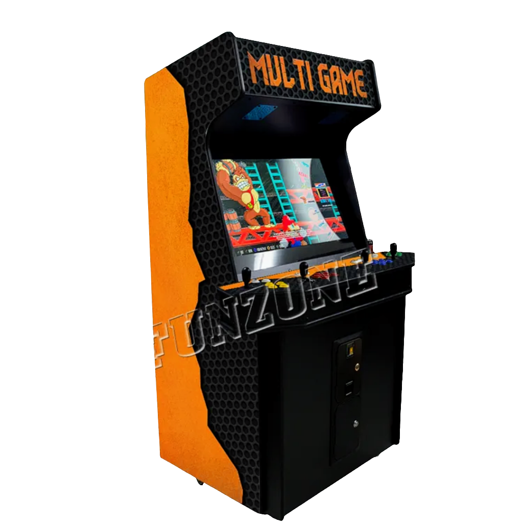 Side view of 4 Player Arcade Cabinet that features Orange art design over black background, the marquee says Multi Game in orange text. The cabinet has 4 black joysticks, blue, yellow, and red buttons.