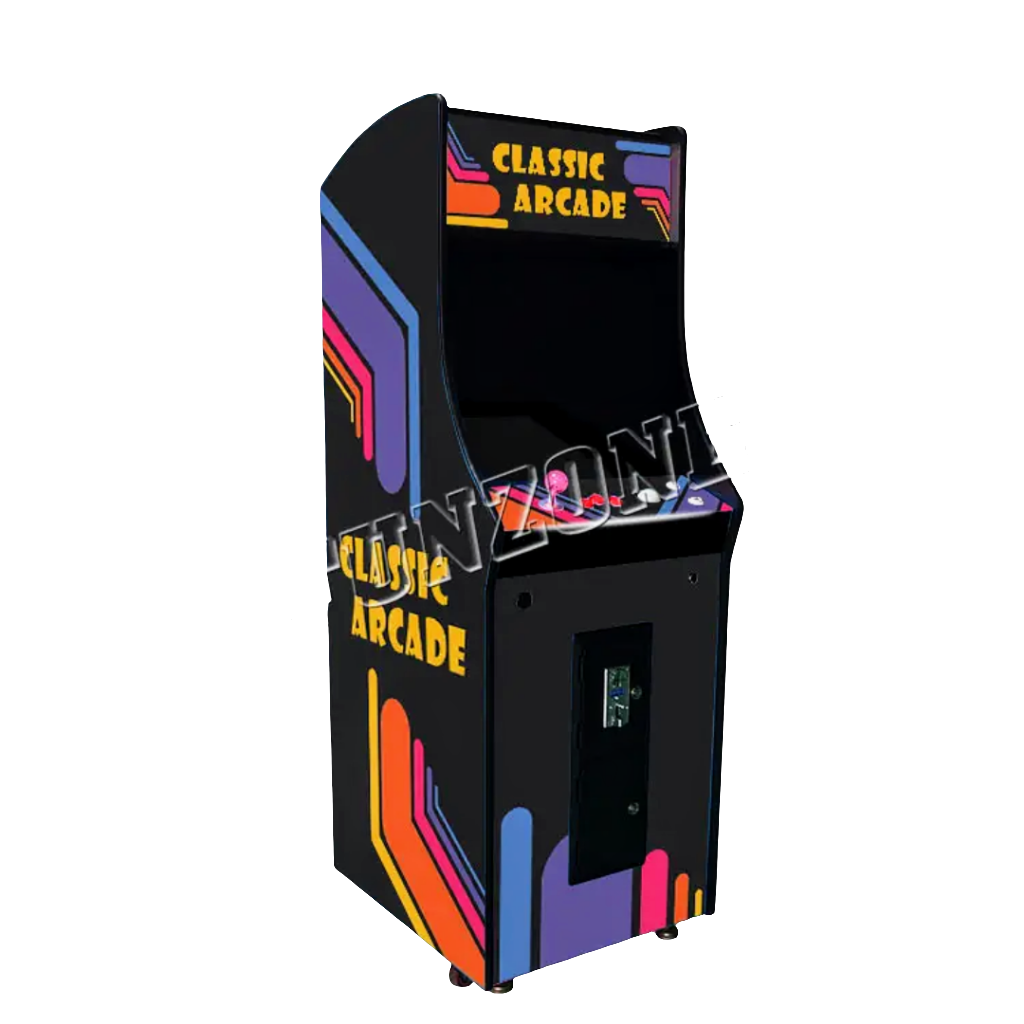 Side view of Custom one player arcade cabinet that features a nostalgic artwork line design of blue, red, orange, and yellow over a black background. On the cabinets marquee and side it says classic arcade in yellow letters. The cabinet includes an optional coin slot. The arcade cabinets environment is white.