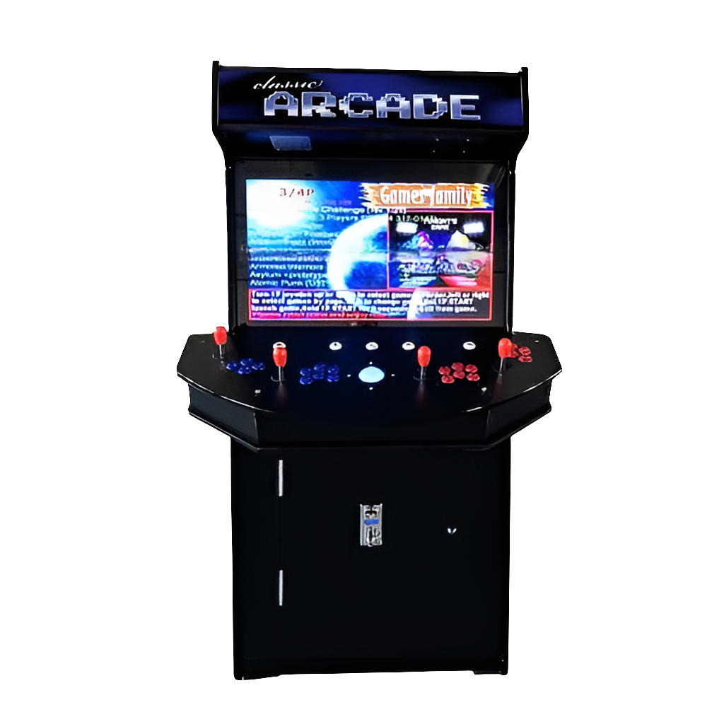 Front view of a Retro 4 Player Arcade Cabinet that features a black color, marquee that says "Classic Arcade" in blue text, optional coin function, 4 red joysticks, red buttons, blue buttons, white buttons, and an LED trackball.