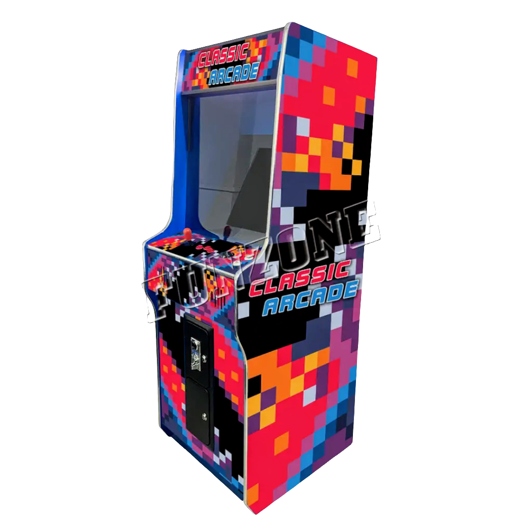 One Player Arcade Cabinet featuring a visual retro multicolor pixel design. The arcade cabinet says classic arcade on the marquee and side of the cabinet in orange and blue text. The arcade features one red joysticks and orange buttons. Also features an optional coin slot.