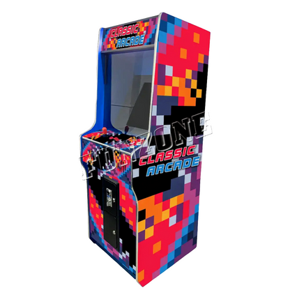 One Player Arcade Cabinet featuring a visual retro multicolor pixel design. The arcade cabinet says classic arcade on the marquee and side of the cabinet in orange and blue text. The arcade features one red joysticks and orange buttons. Also features an optional coin slot.