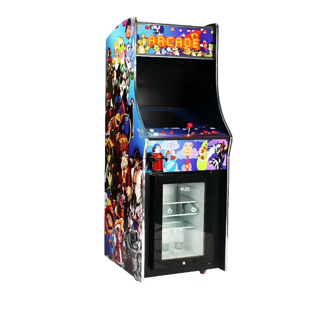 Side view of a One player Fridge Arcade Cabinet that features a fridge down below, a graphic comic design of popular arcade characters, custom text on the marquee that says arcade in yellow, one red joystick, and red buttons.