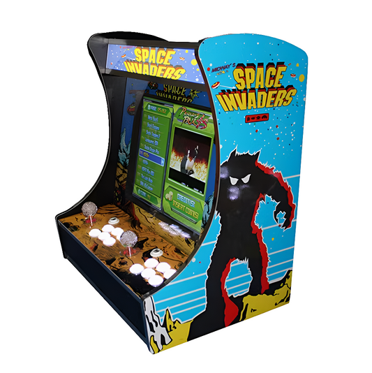 Space Invaders themed 2 Player Tabletop arcade cabinet, that features popular space Invaders artwork, 2 clear colored joysticks, white buttons, and a marquee that says "space Invaders".