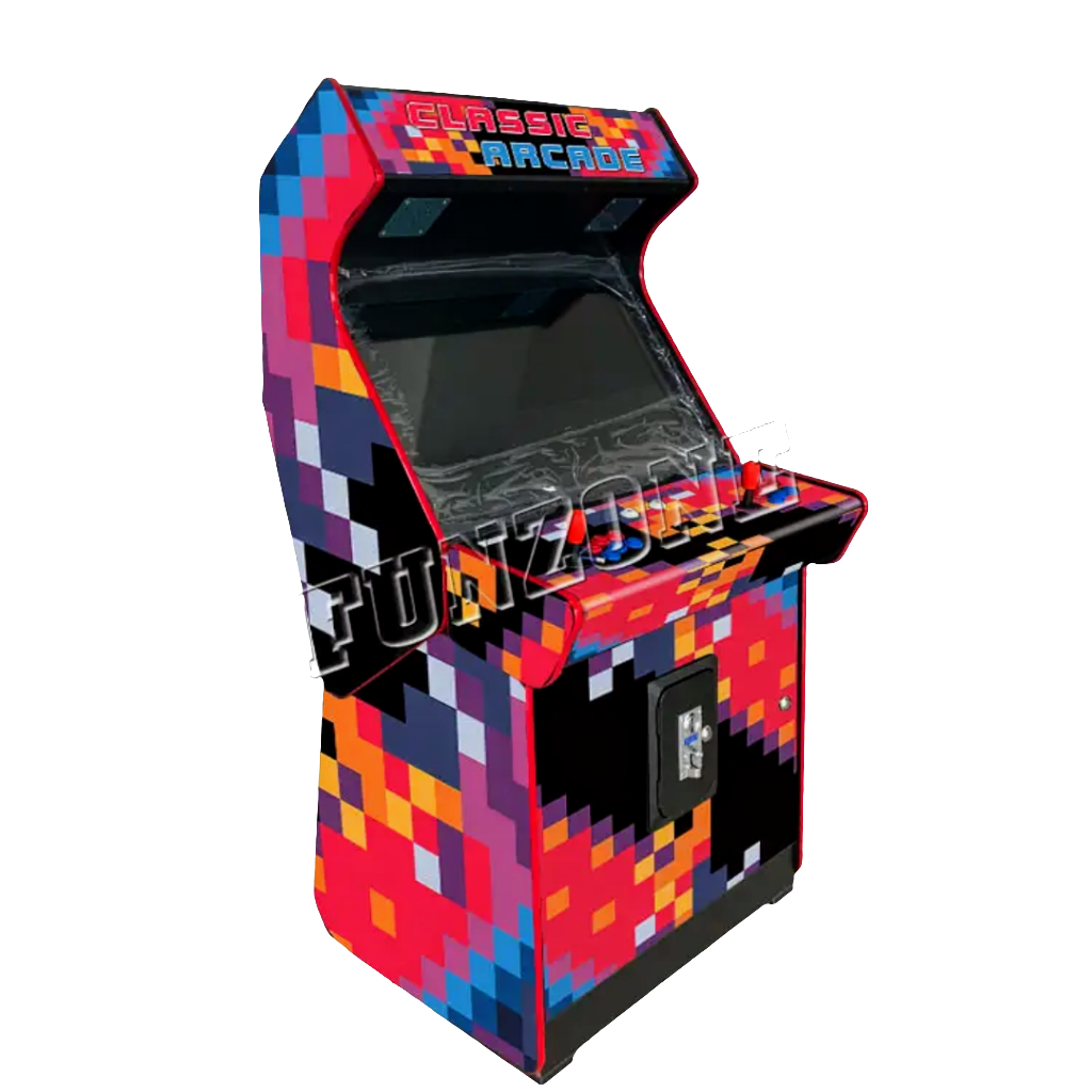 Side view of 2 Player Arcade Cabinet that features a multicolor pixel design, 2 red joysticks, red buttons, blue buttons, and 2 white buttons. The cabinet says Classic Arcade on the marquee in blue and orange text. Don't forget about the optional coin slot the cabinet offers.