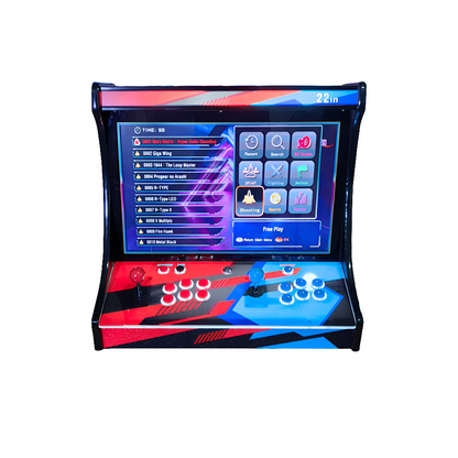 Front view of 2 Player Tabletop Arcade Cabinet featuring a red and blue design, blue joystick, blue buttons, red joystick, and red buttons on a 22 inch screen.