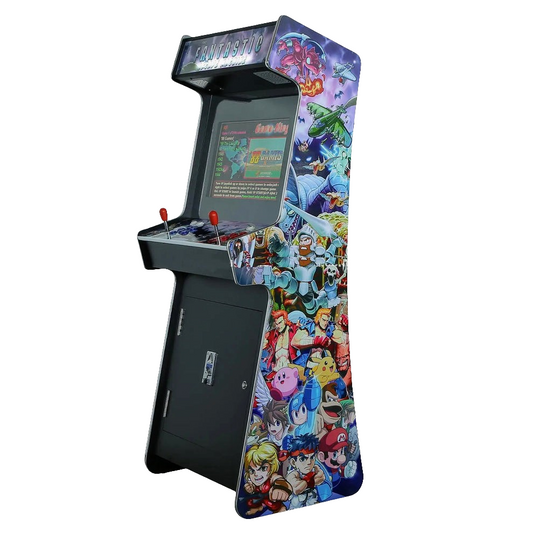 2 Player Arcade Cabinet featuring popular arcade game characters for it's design. The cabinet also has 2 red joysticks, red buttons, blue buttons, and a marquee that says "fantastic" in light blue letters.