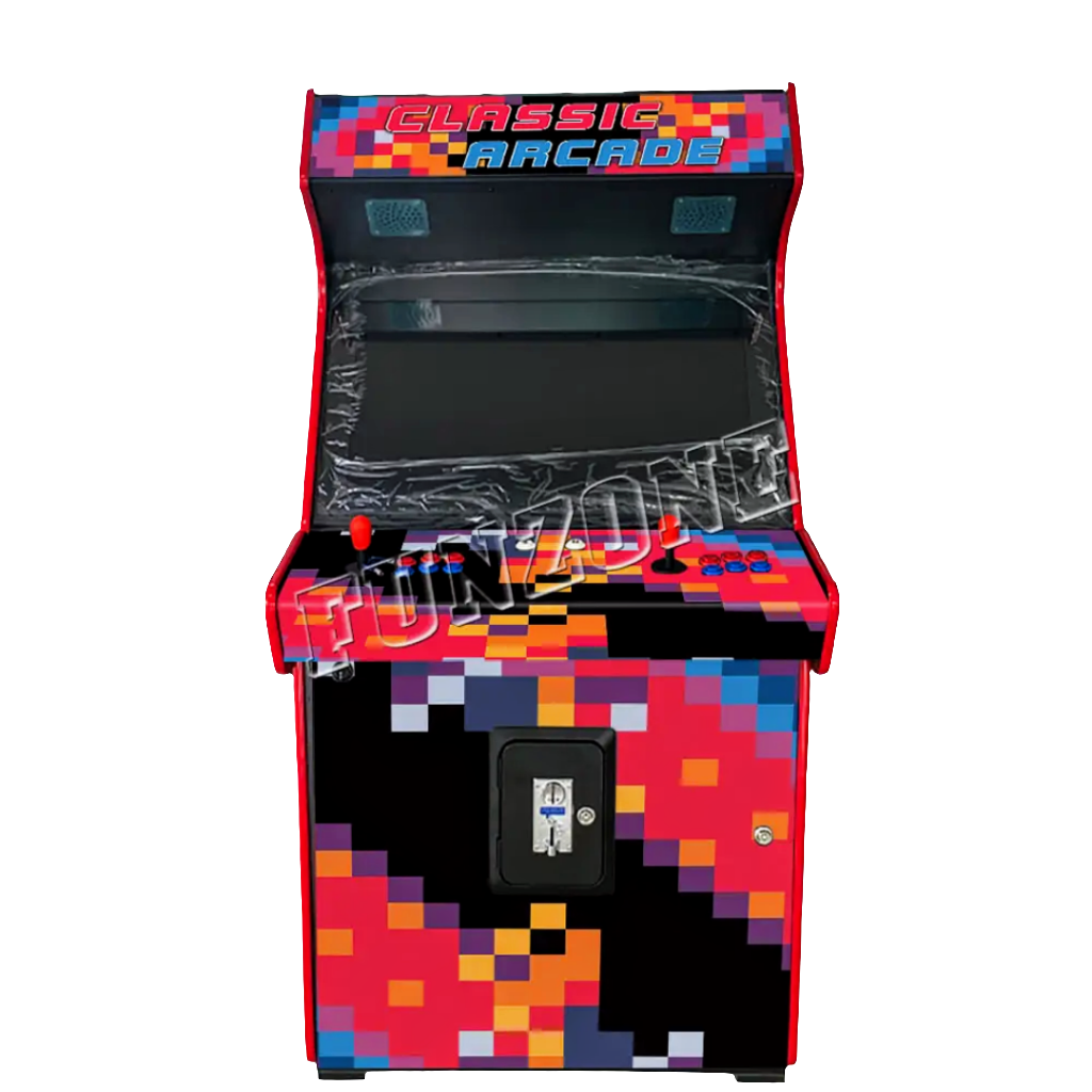 Front view of 2 Player Arcade Cabinet that features a multicolor pixel design, 2 red joysticks, red buttons, blue buttons, and 2 white buttons. The cabinet says Classic Arcade on the marquee in blue and orange text. Don't forget about the optional coin slot the cabinet offers.