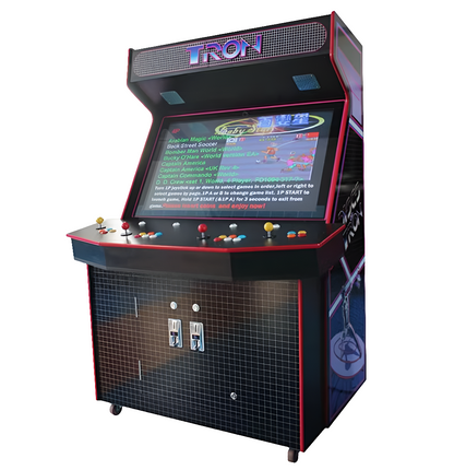 Gigantic 4 Player Arcade Cabinet that has a large 42 inch screen, red edging, custom marquee that says "tron" in blue text, 2 red joysticks, 2 yellow joysticks, and multi color buttons.