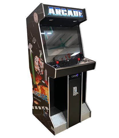 Side view of a 2 Player Arcade Cabinet featuring a space Ship design over a black background, the cabinet also has 2 red joysticks, black buttons, a foot rest, and a custom marquee that says"Arcade" in white letters.