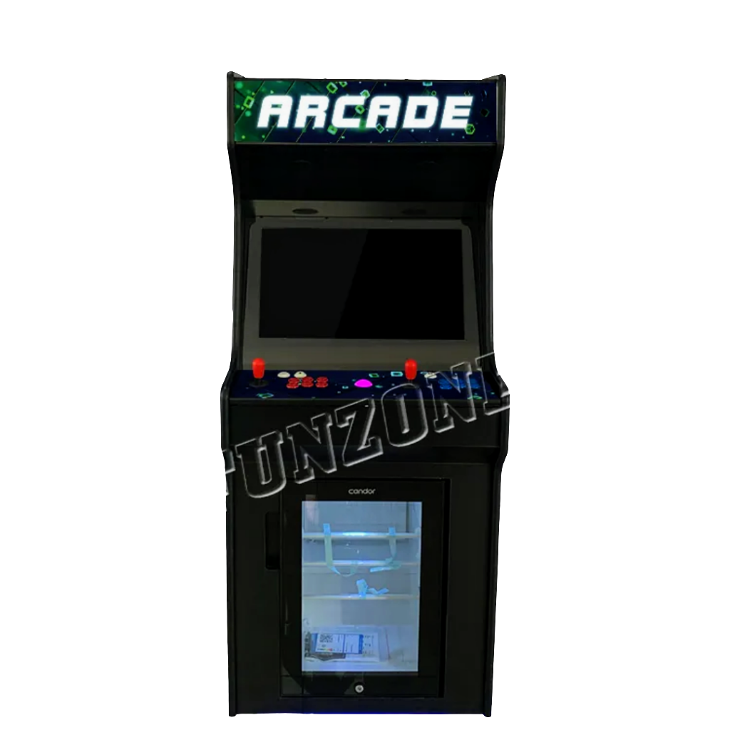 Front view of 2 Player Arcade cabinet with fridge, future like space green design over dark navy blue background. The arcade cabinet includes 2 black joysticks, blue and red buttons, and a marquee that says Arcade in white text.