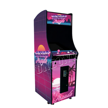 Single Player Custom Arcade Cabinet featuring a beautiful paradise sunset and palm tree design. The Marquee features text saying Retro Arcade. The machine also includes a white trackball.