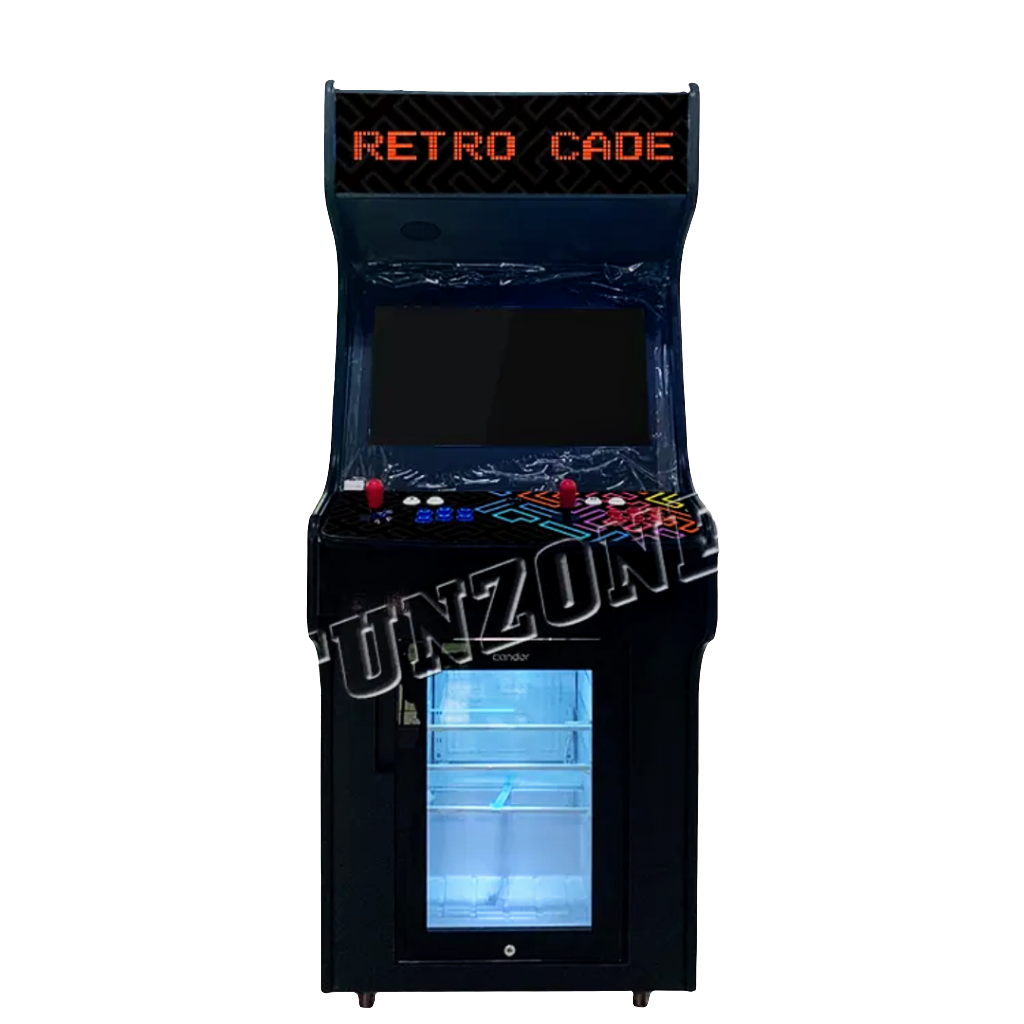 Front view of 2 Player Arcade cabinet with fridge, multi-colored blue, red, and yellow pattern design over a black background. The arcade cabinet includes 2 black joysticks, blue and red buttons, and a marquee that says Retro Cade in red text. 