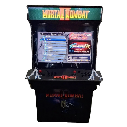 Front angle of 2 Player Arcade Cabinet with Black background and Mortal Kombat 2 theme. The cabinet features black buttons and 2 black joysticks. The marquee says Mortal Kombat 2 in bright yellow letters.