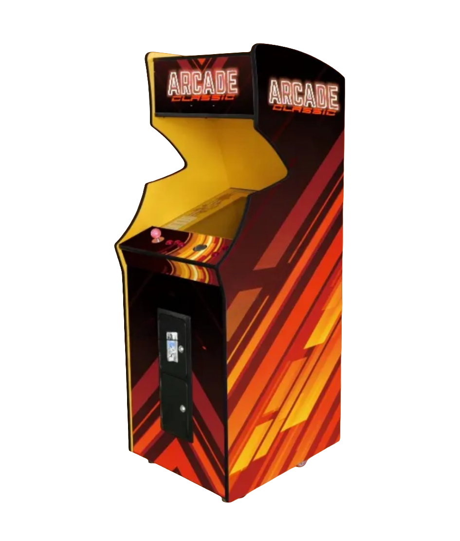 Orange designed 1 player arcade cabinet that features an orange and black design, and glowing text in orange on the marquee that says Arcade. The cabinet includes an optional coin slot, off white joystick, and multicolor buttons.