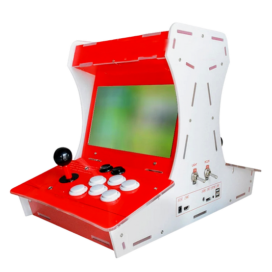 Double sided 2 Player Tabletop Arcade Cabinet featuring a white and red design, white and black buttons, and black joysticks.