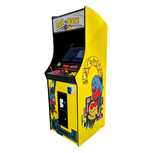 2 Player Pac-Man Arcade Cabinet featuring a large 32 inch screen, the classic Pac-Man yellow design, and marquee that says Pac-Man.