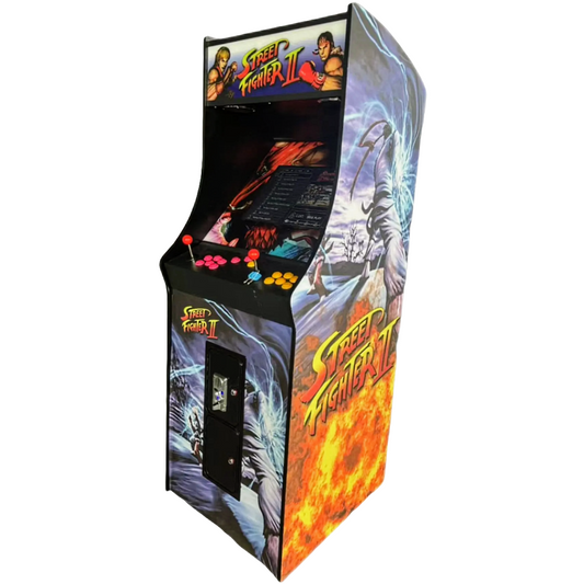 2 Player Arcade Cabinet featuring the street fighter game as it's theme, street fighter text on the side of the cabinet and street fighter characters on the marquee, the cabinet also has 2 red joysticks, yellow buttons, red buttons, and an optional coin slot.