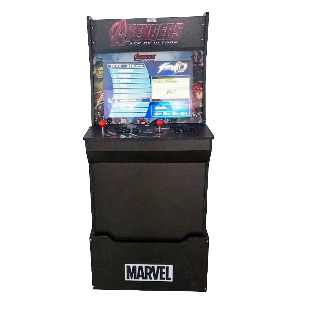 2 Player Arcade Cabinet featuring Marvel Avengers theme, with a bright LED screen, arcade-style control panel, and classic black cabinet design with Marvel branding. Premium retro gaming station with authentic joysticks and buttons for an immersive arcade experience.