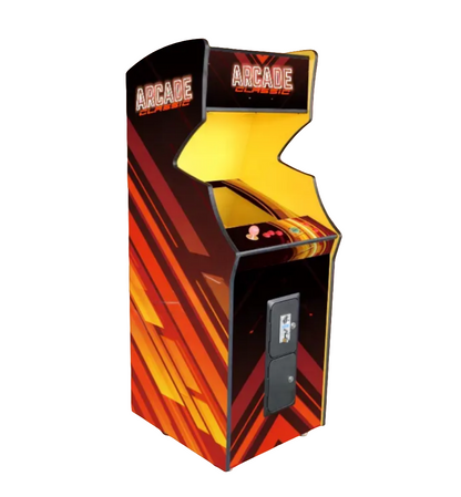 Angled front view of a Orange designed 1 player arcade cabinet that features an orange and black design, and glowing text in orange on the marquee that says Arcade. The cabinet includes an optional coin slot, off white joystick, and multicolor buttons.