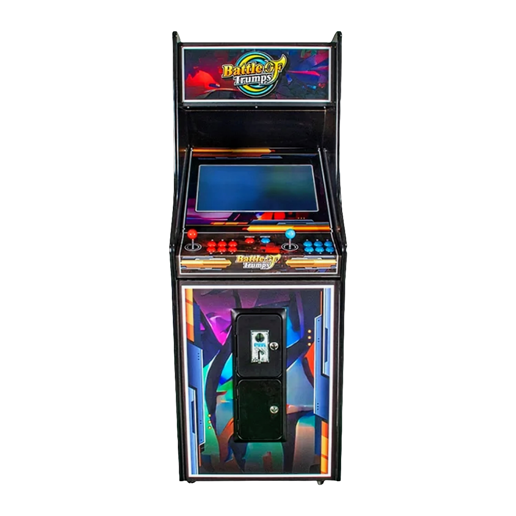 2 Player Arcade Cabinet featuring a vibrant 32-inch display screen, colorful geometric artwork design, dual arcade control panels with red and blue buttons, coin slot mechanism, and illuminated marquee with retro gaming logo on black cabinet frame.