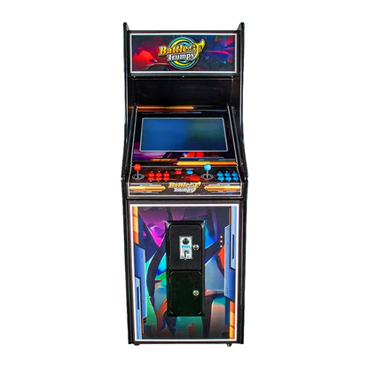 2 Player Arcade Cabinet featuring a vibrant 32-inch display screen, colorful geometric artwork design, dual arcade control panels with red and blue buttons, coin slot mechanism, and illuminated marquee with retro gaming logo on black cabinet frame.