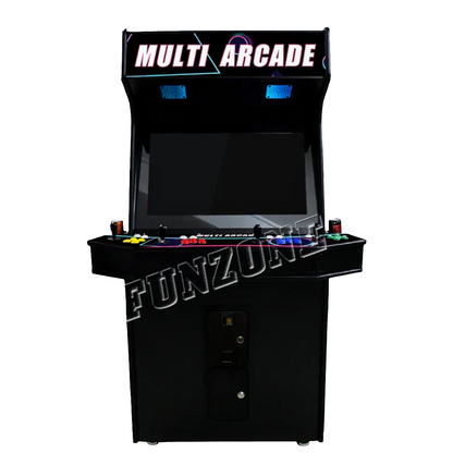 Front view of custom 4 Player Arcade Cabinet featuring a beautiful shooting star galaxy design and black background, 4 black joysticks, and vibrant button colors. Marquee says Retro Arcade in white letters.