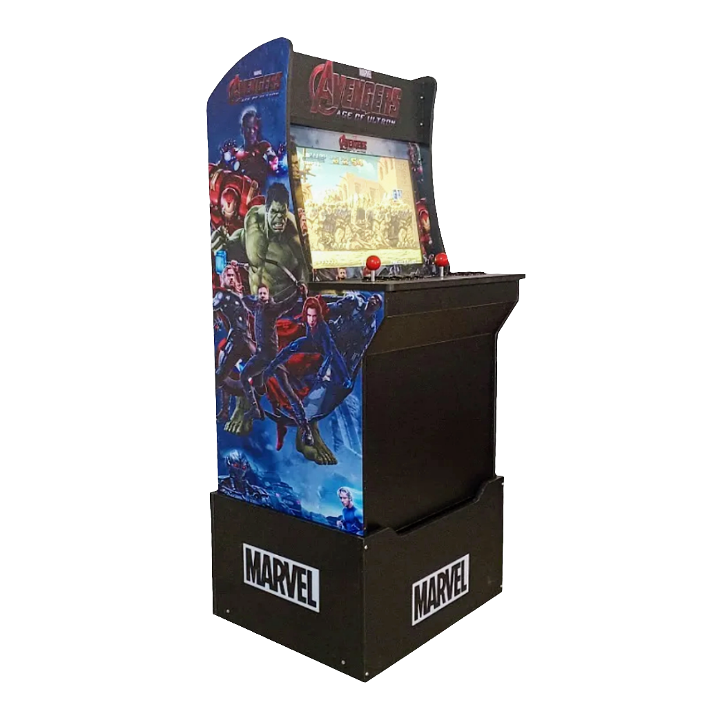 2 Player Arcade Cabinet featuring Marvel Avengers themed graphics, 24-inch display screen, classic arcade controls mounted on black cabinet base with Marvel branding, designed for authentic retro gaming experience