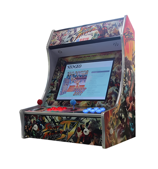 2 Player Tabletop Arcade Cabinet that features a street fighter design, custom marquee that says "street fighter" in yellow text, 1 red joystick, 1 blue joystick, blue buttons, and red buttons.