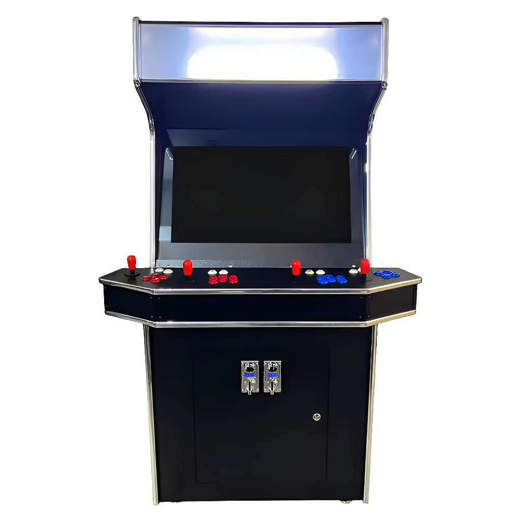 Front view of a Black 4 Player Arcade Cabinet featuring red joysticks, blue buttons, red buttons, chrome colored marquee, and optional coin slots. 