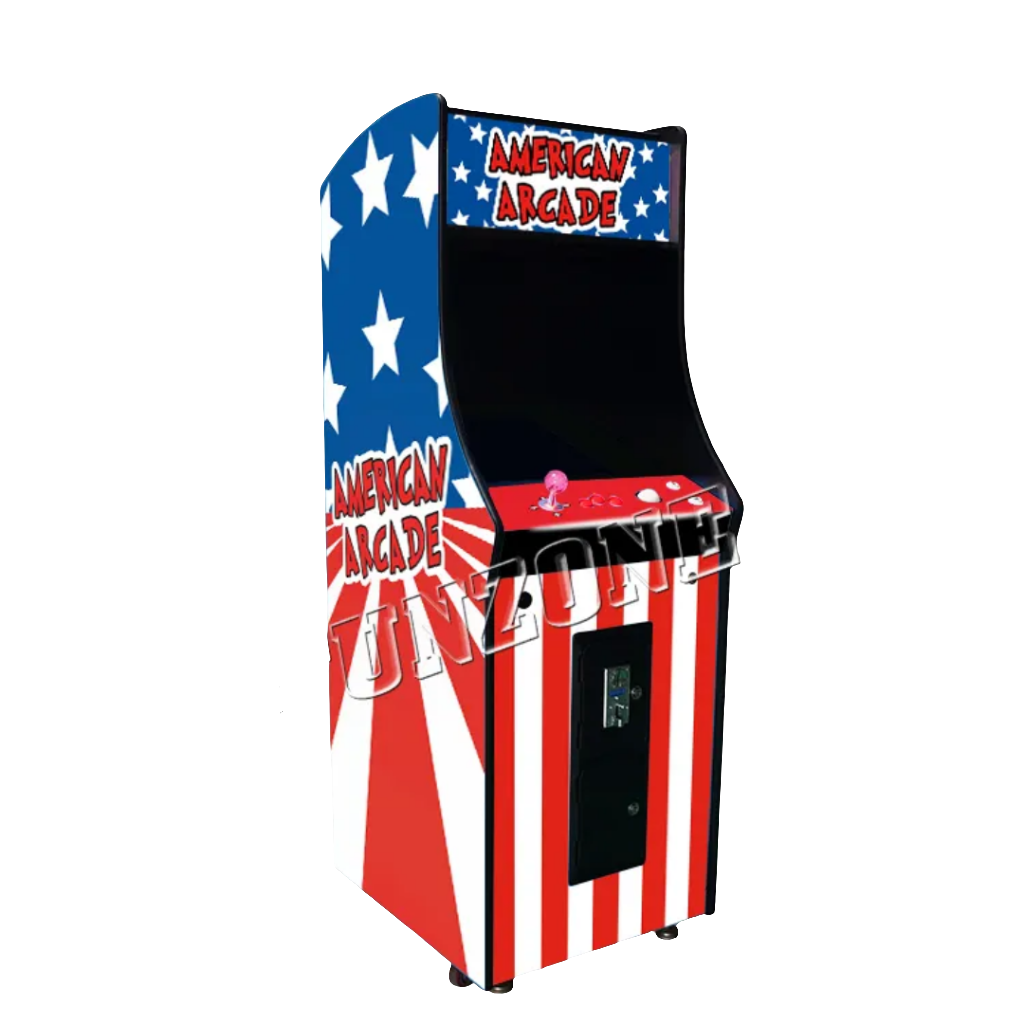 Side view of a One player arcade cabinet that features the USA flag design. The cabinet in red letters says "American Arcade" on the marquee and side of the cabinet. The cabinet features a white joystick, LED trackball, and white buttons. The picture background is white.