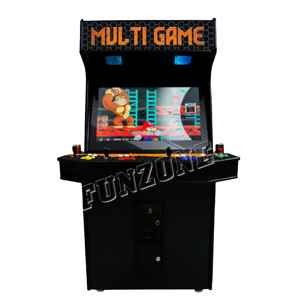 Front view of 4 Player Arcade Cabinet that features Orange art design over black background, the marquee says Multi Game in orange text. The cabinet has 4 black joysticks, blue, yellow, and red buttons.