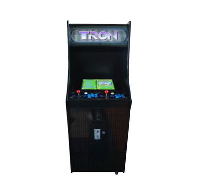 Front view of a Blue and Black 2 Player Arcade Machine that says Disc of Tron on the side. The Machine features 2 red joysticks, blue buttons, and white buttons.