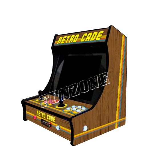 2 Player Retro themed Tabletop Arcade Cabinet with a laminated wood finish, yellow and light purple pin stripping across the arcade cabinet, 2 black joysticks, pink and white buttons. The Cabinet says Retro cade on the marquee and on the bottom of the cabinet in yellow text.