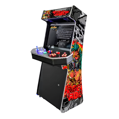 4 Player Arcade Cabinet with graphic red, black, and grey design. 2 joysticks that are red and 2 blue joy sticks. 