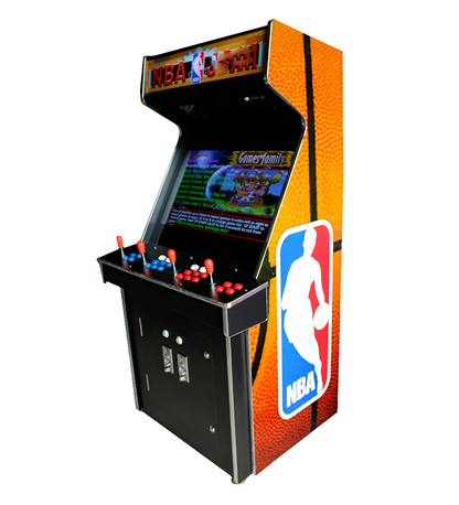 NBA Jam 4 Player Arcade Cabinet featuring a basketball color throughout, NBA logo on the side and marquee, marquee says NBA Jam. The cabinet also has 4 red joysticks, red buttons, and blue buttons.