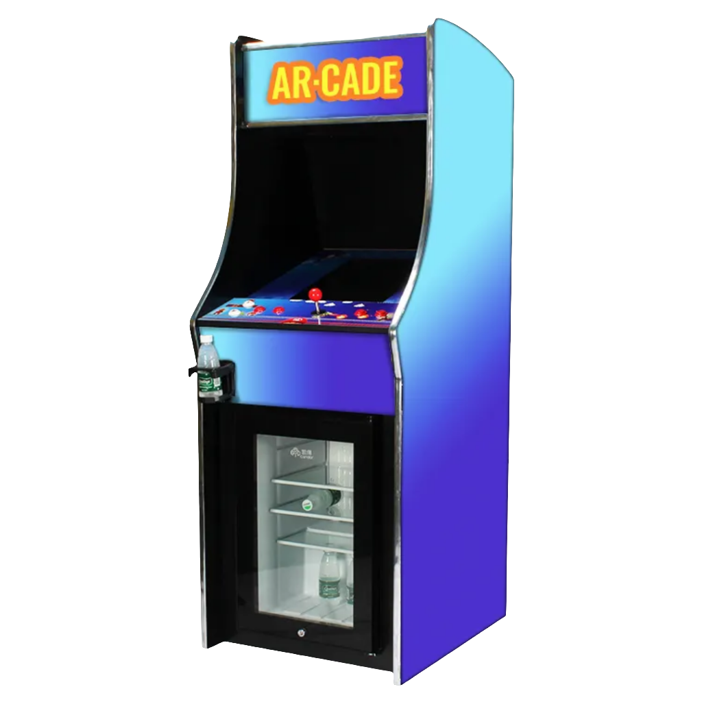 2 Player Fridge Arcade Cabinet featuring a blue design, cupholder, roomy fridge, red joystick, red buttons, white buttons, and a custom marquee that says "AR-CADE" 