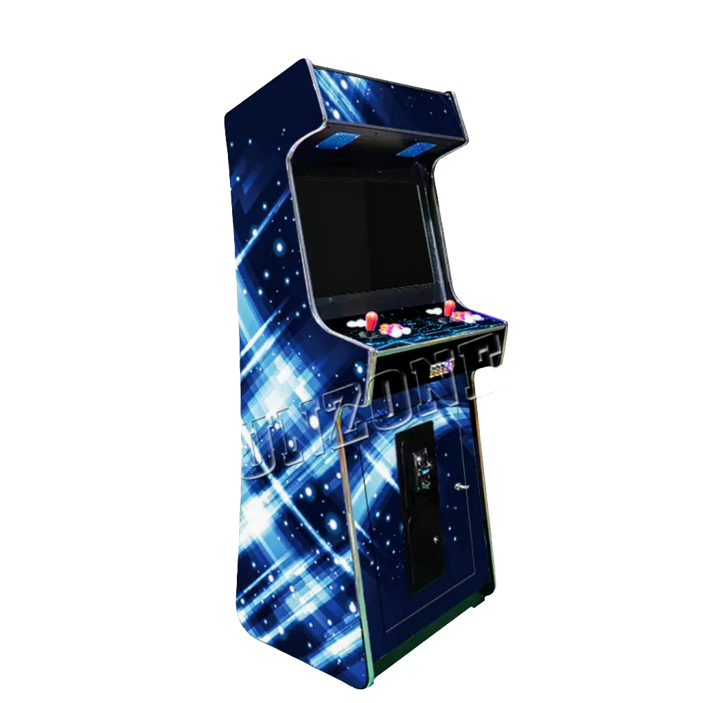 Side view of 2 Player Arcade Cabinet featuring a black background, white and light blue star design, 2 red joysticks, blue and red buttons. The cabinet also features an optional coin slot.