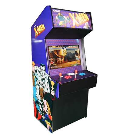 Side angled front view of a X-Men 2 Player Arcade Machine themed X-Men. The machine features a marquee that says "X-Men" in yellow text, x men fighters on the side of the arcade, 2 red joysticks, blue buttons, and red buttons