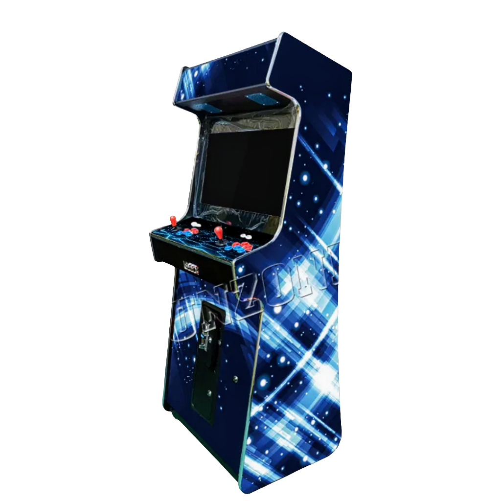 Side view of 2 Player Arcade Cabinet featuring a black background, white and light blue star design, 2 red joysticks, blue and red buttons. The cabinet also features a optional coin slot.