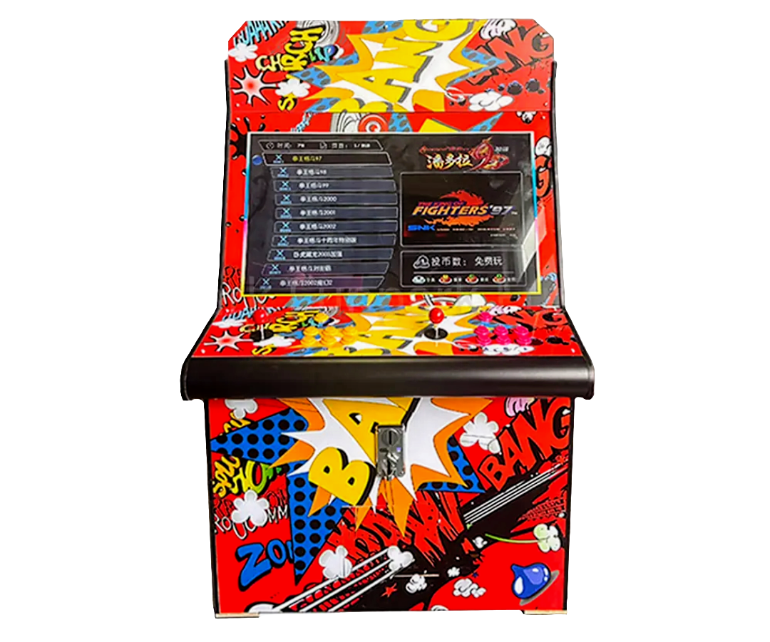 Front view of Comic design 2 Player Arcade Cabinet with a 32 inch screen featuring red, yellow and navy comic book design. 2 red joysticks, yellow buttons, and red buttons. 