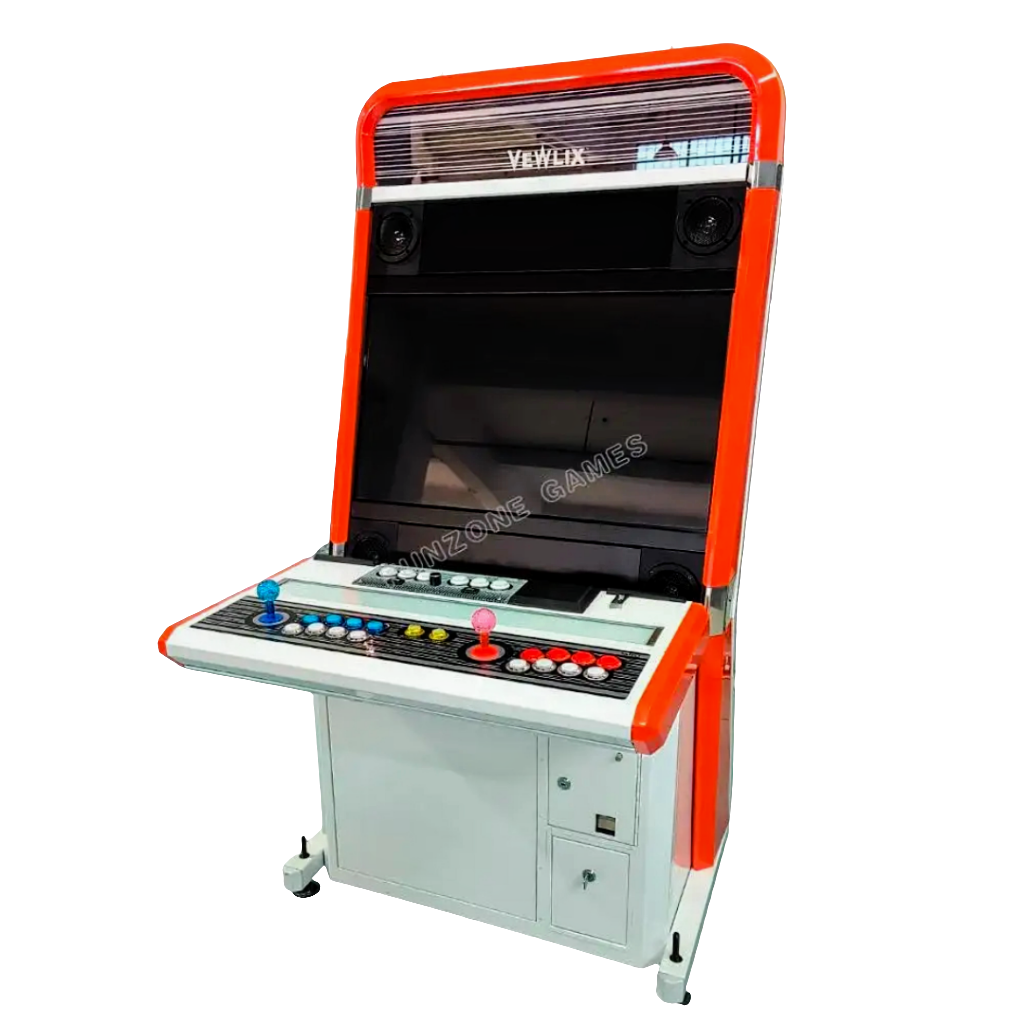 2 Player Cocktail Arcade Cabinet featuring an orange and white color, orange and blue joysticks, orange and blue buttons.