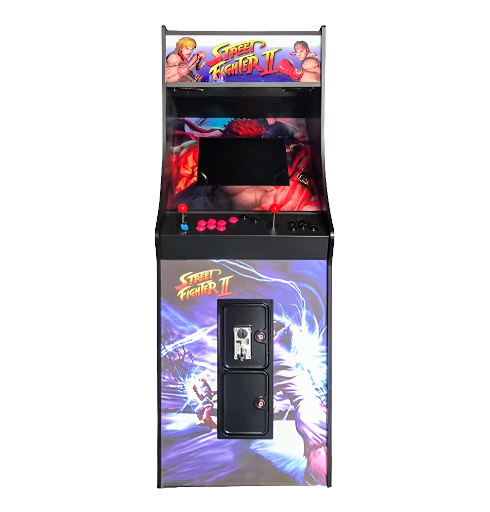 Front view of a Street fighter 2 themed 2 Player arcade cabinet featuring a marquee that says "street fighter 2" with a fighter on each side of the text. Also enjoy the optional coin slot, 2 red joysticks, red buttons, and black buttons.